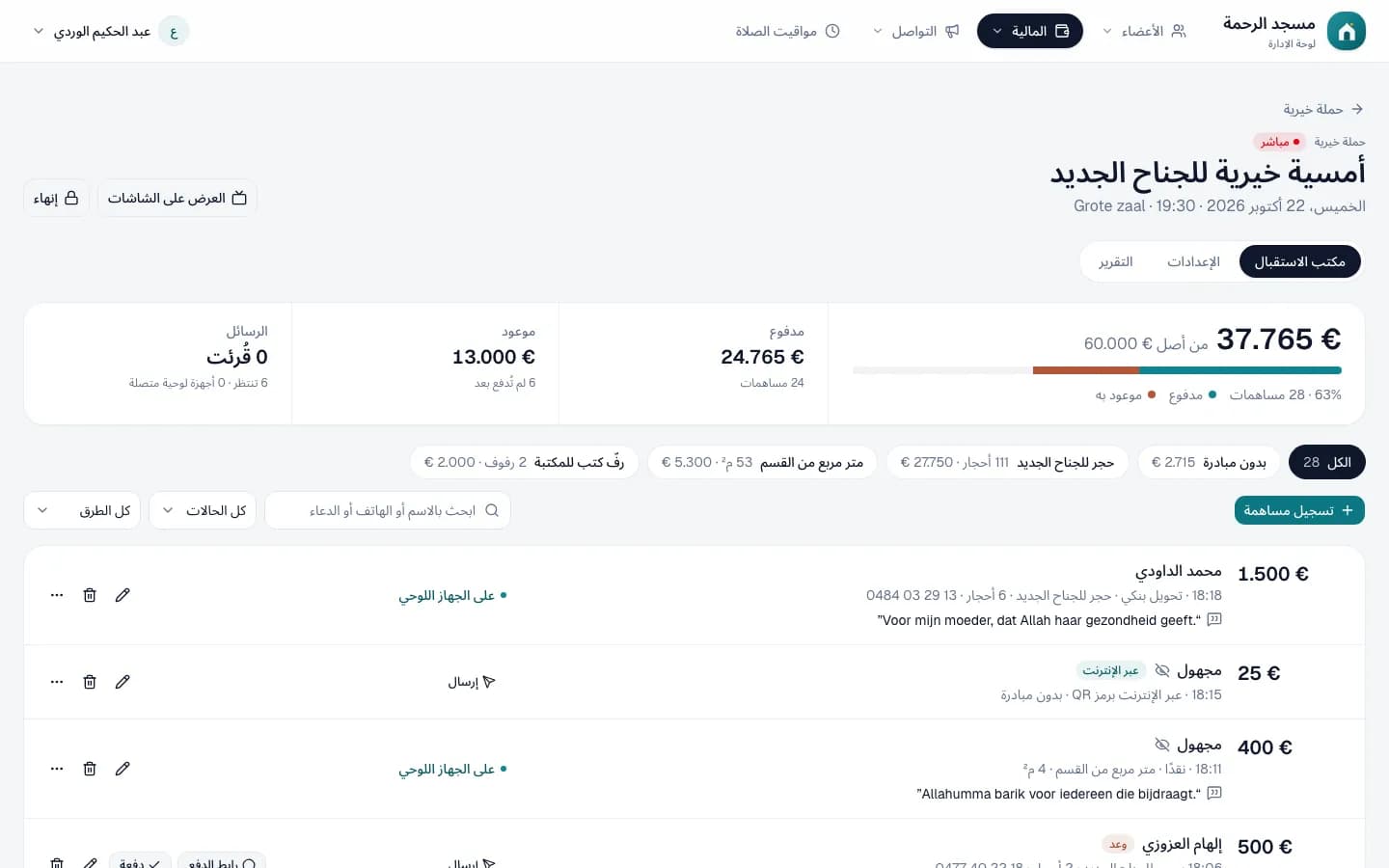 مكتب استقبال الحملة الخيرية: المجموع مع المدفوع منه، والهدف، وقائمة المساهمات والوعود