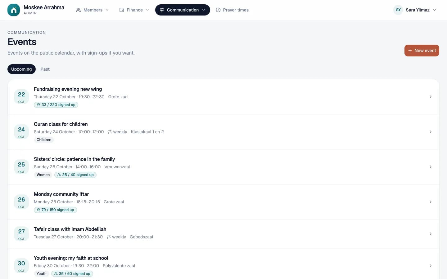 The list of upcoming activities with date, place, audience and the number of sign-ups