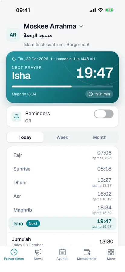 Today's prayer times with the next prayer, the countdown and reminders