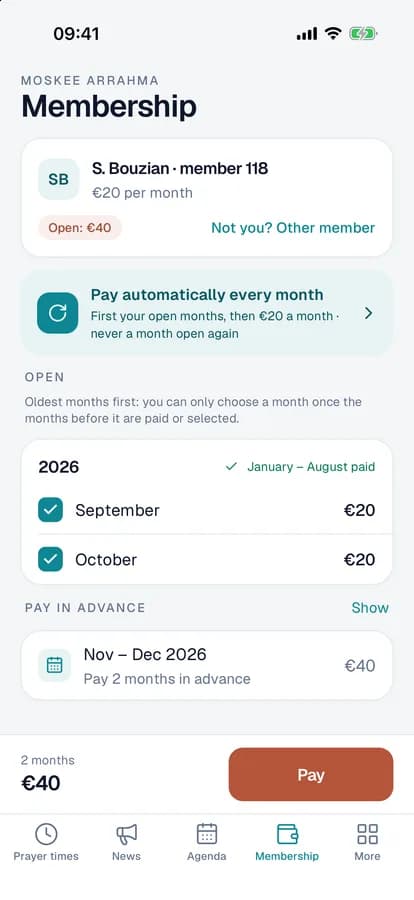 Membership in the app: a member's open months and the Pay button