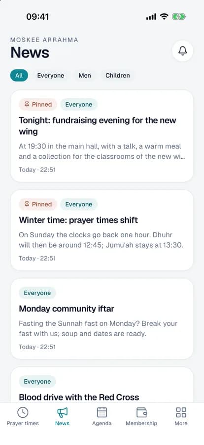 The mosque's news in the app, pinned items first