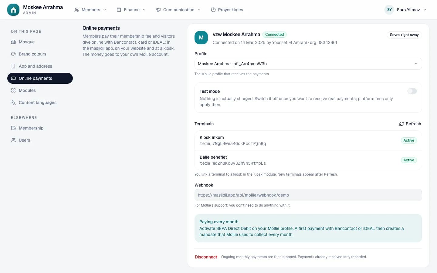 Online payments in the settings: the connected Mollie account, the payment terminal and the fee per payment