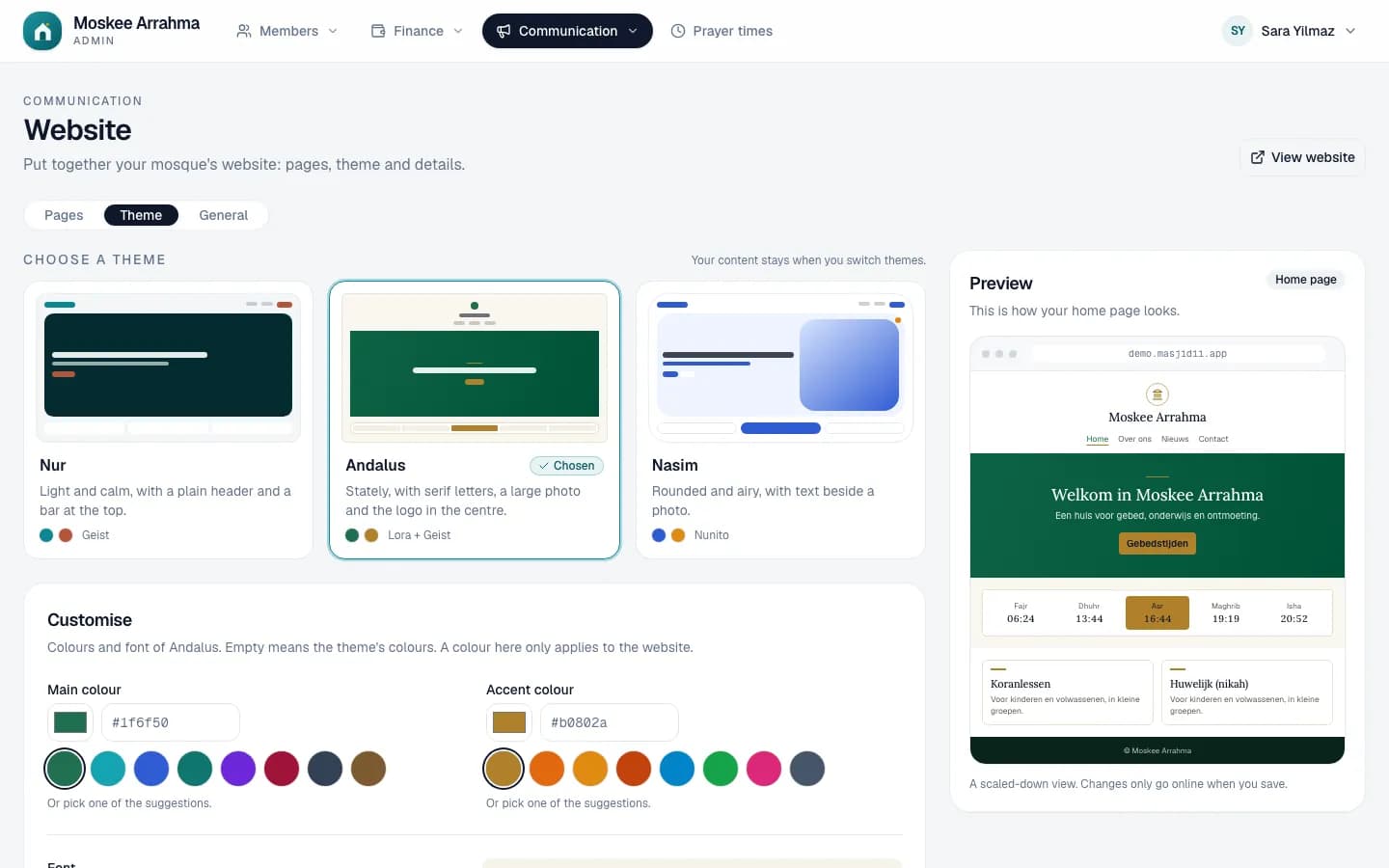Choosing the website theme in the admin, with a preview of the home page