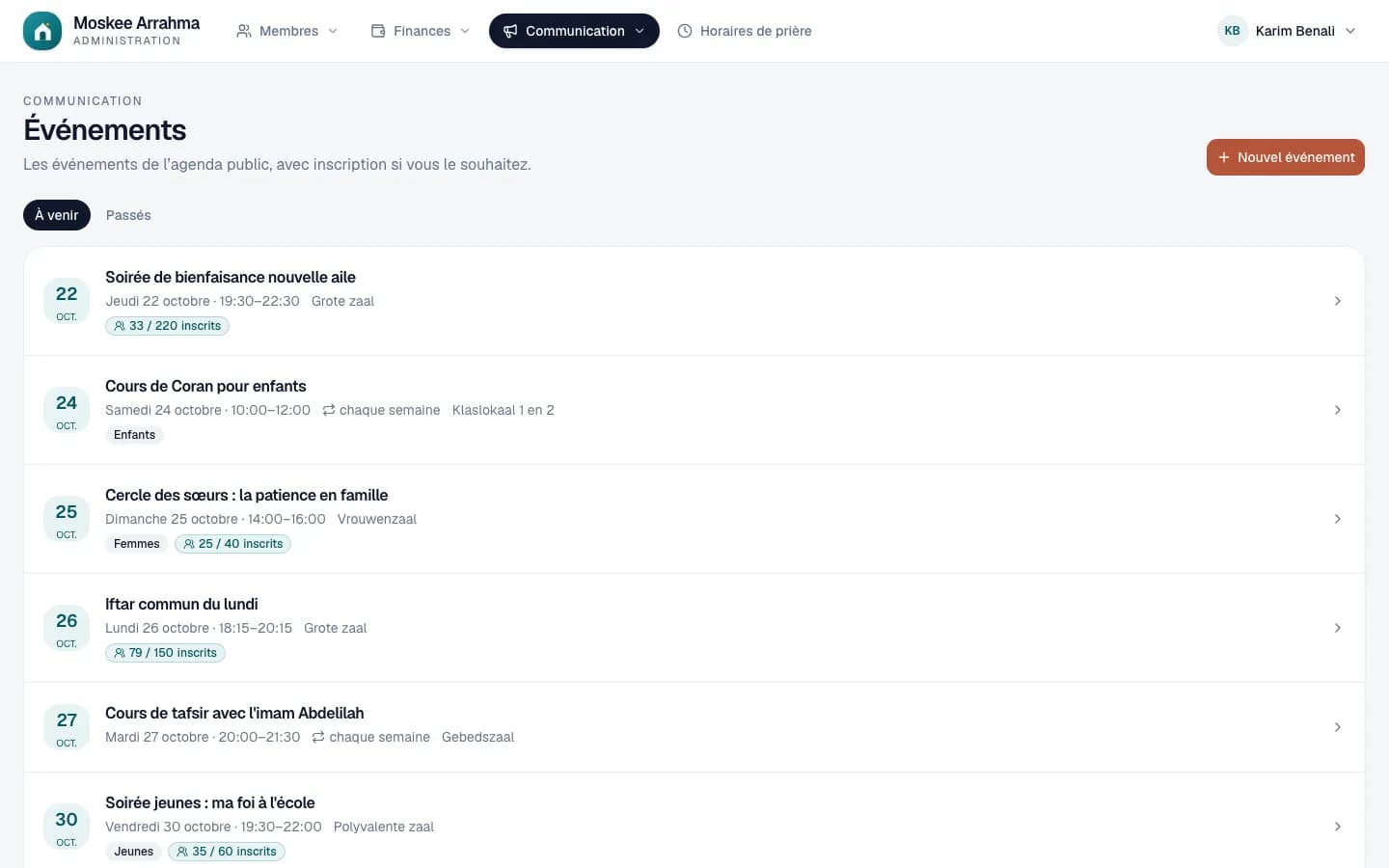 La liste des prochaines activités avec la date, le lieu, le public cible et le nombre d’inscriptions