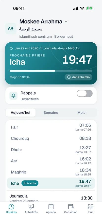 Les horaires de prière du jour avec la prochaine prière, le compte à rebours et les rappels