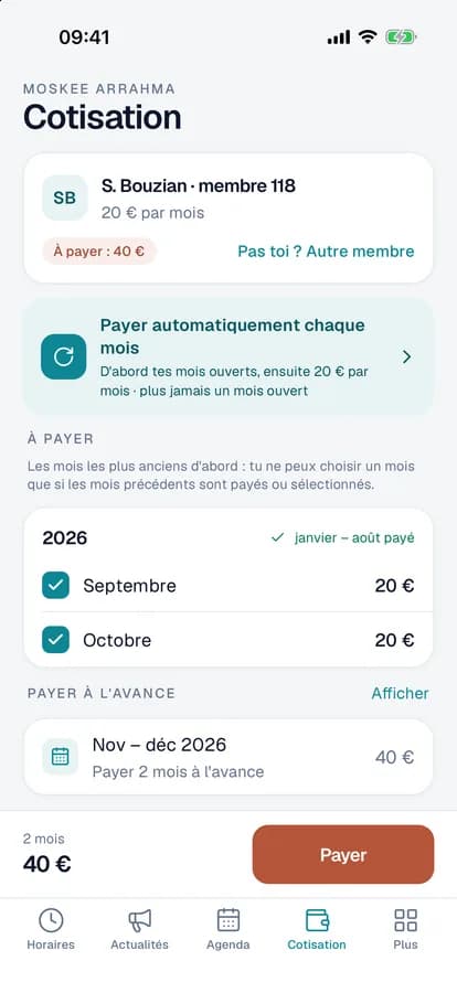 La cotisation dans l’app : les mois à payer d’un membre et le bouton Payer