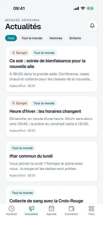 Les actualités de la mosquée dans l’app, les messages épinglés en premier