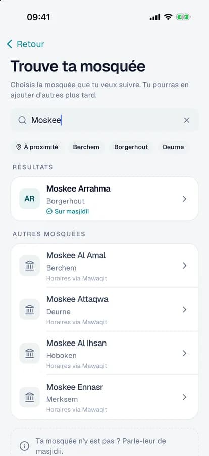 Chercher votre mosquée : les mosquées sur masjidii en haut, en dessous d’autres mosquées avec leurs horaires de prière via Mawaqit