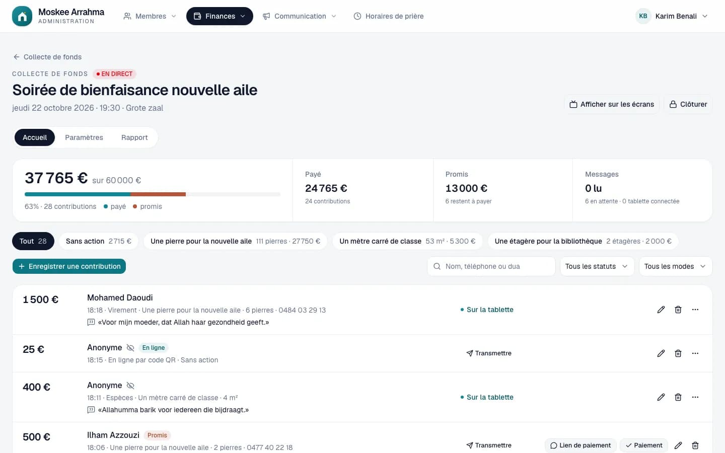 L’accueil d’une collecte de fonds : le total avec ce qui est déjà payé, l’objectif et la liste des contributions et des promesses