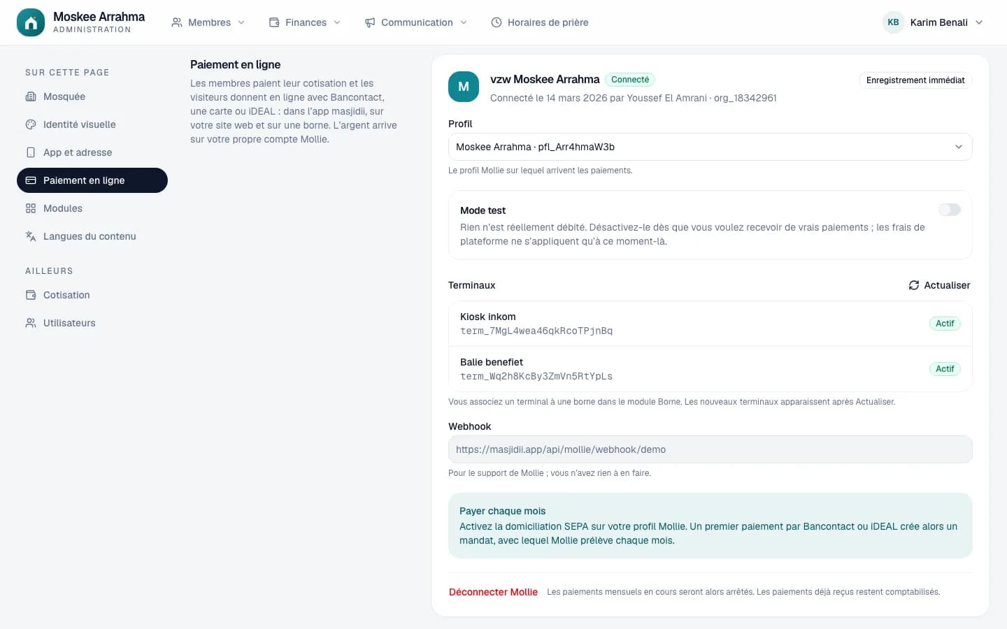 Le paiement en ligne dans les paramètres : le compte Mollie connecté, le terminal de paiement et les frais par paiement