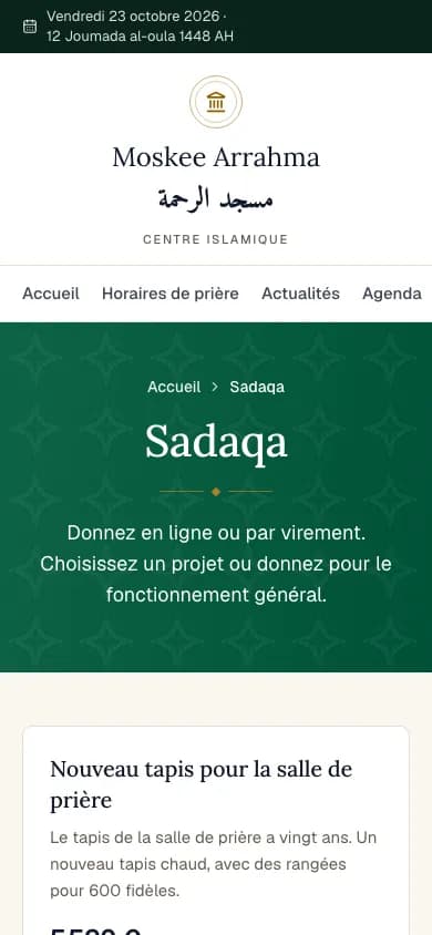 La page sadaqa d’une mosquée sur un smartphone, avec un projet et la sadaqa en ligne