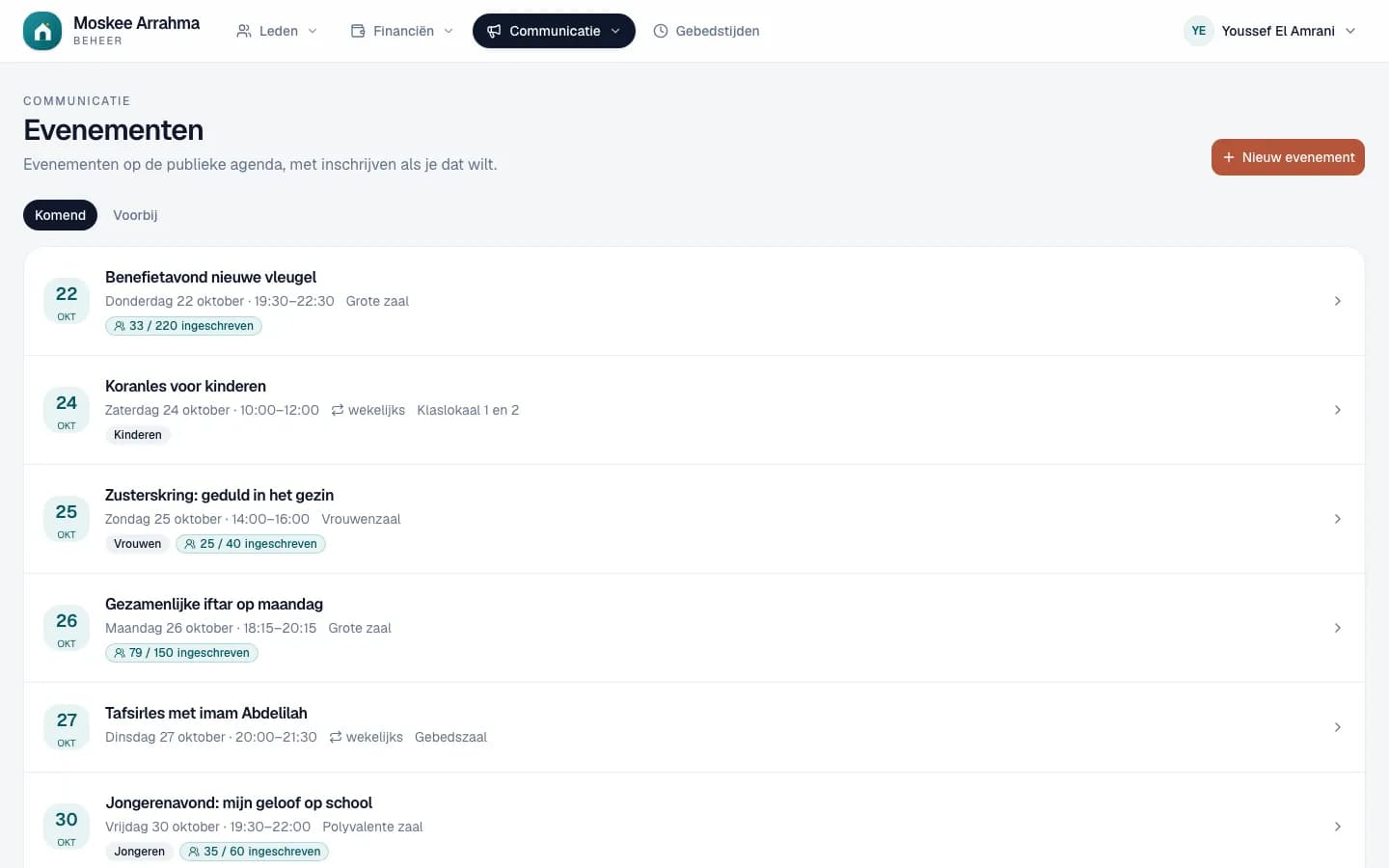 De lijst met komende activiteiten met datum, plaats, doelgroep en het aantal inschrijvingen