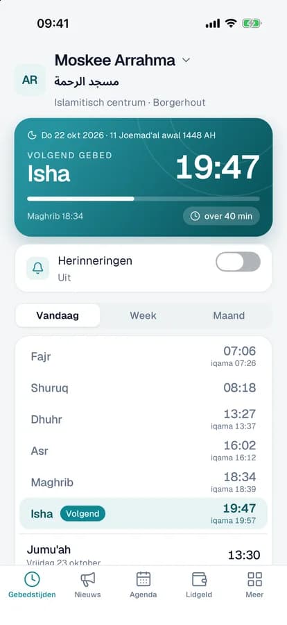 De gebedstijden van vandaag met het volgende gebed, de aftelling en herinneringen