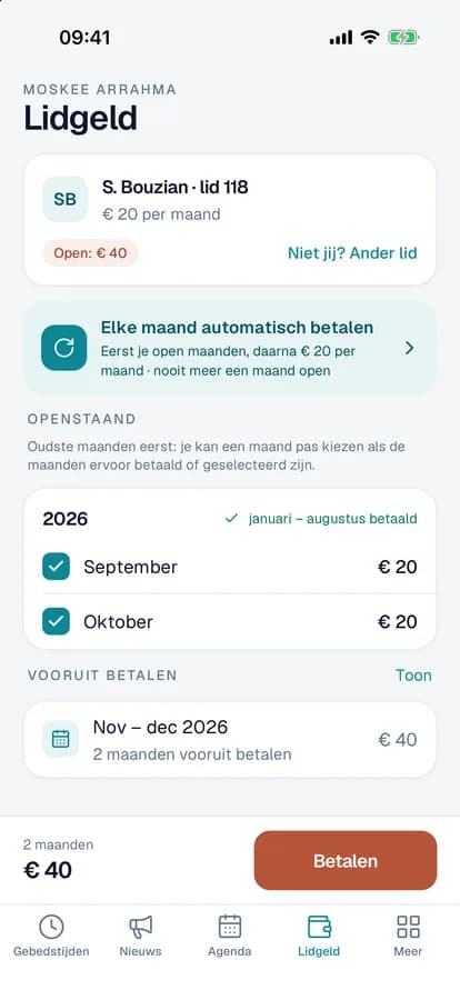 Lidgeld in de app: de openstaande maanden van een lid en de knop Betalen