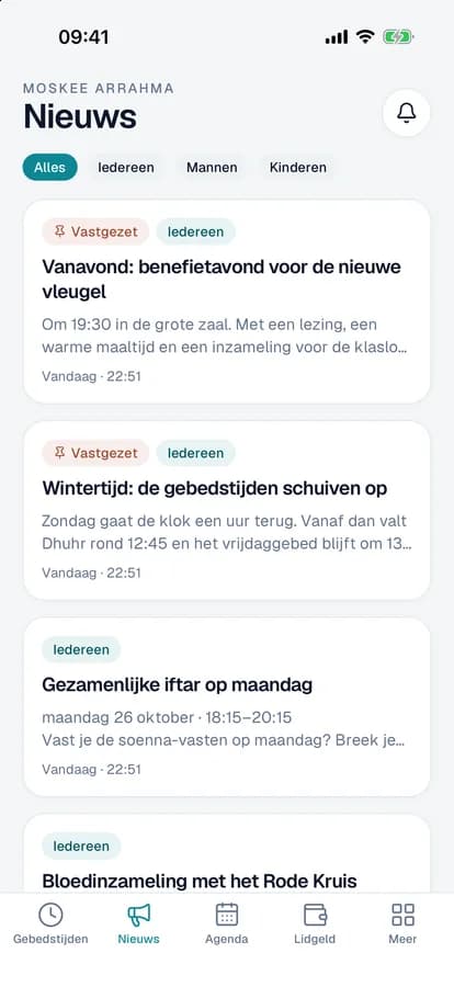 Het nieuws van de moskee in de app, vastgezette berichten bovenaan