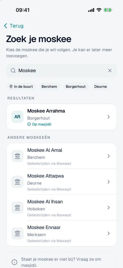 Zoek je moskee: moskeeën op masjidii bovenaan, daaronder andere moskeeën met gebedstijden via Mawaqit