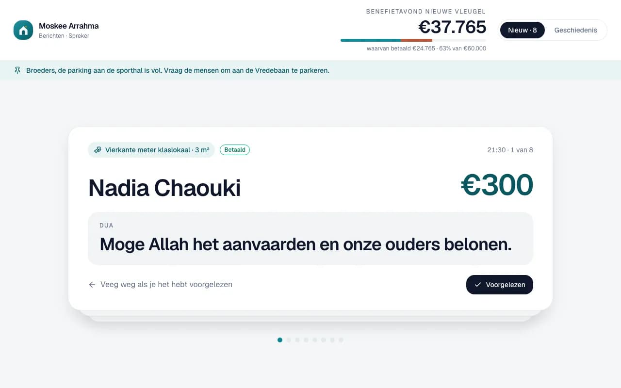 De tablet van een presentator met het volgende bericht om voor te lezen