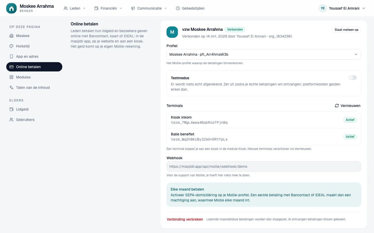 Online betalen in de instellingen: het verbonden Mollie-account, de betaalterminal en de vergoeding per betaling